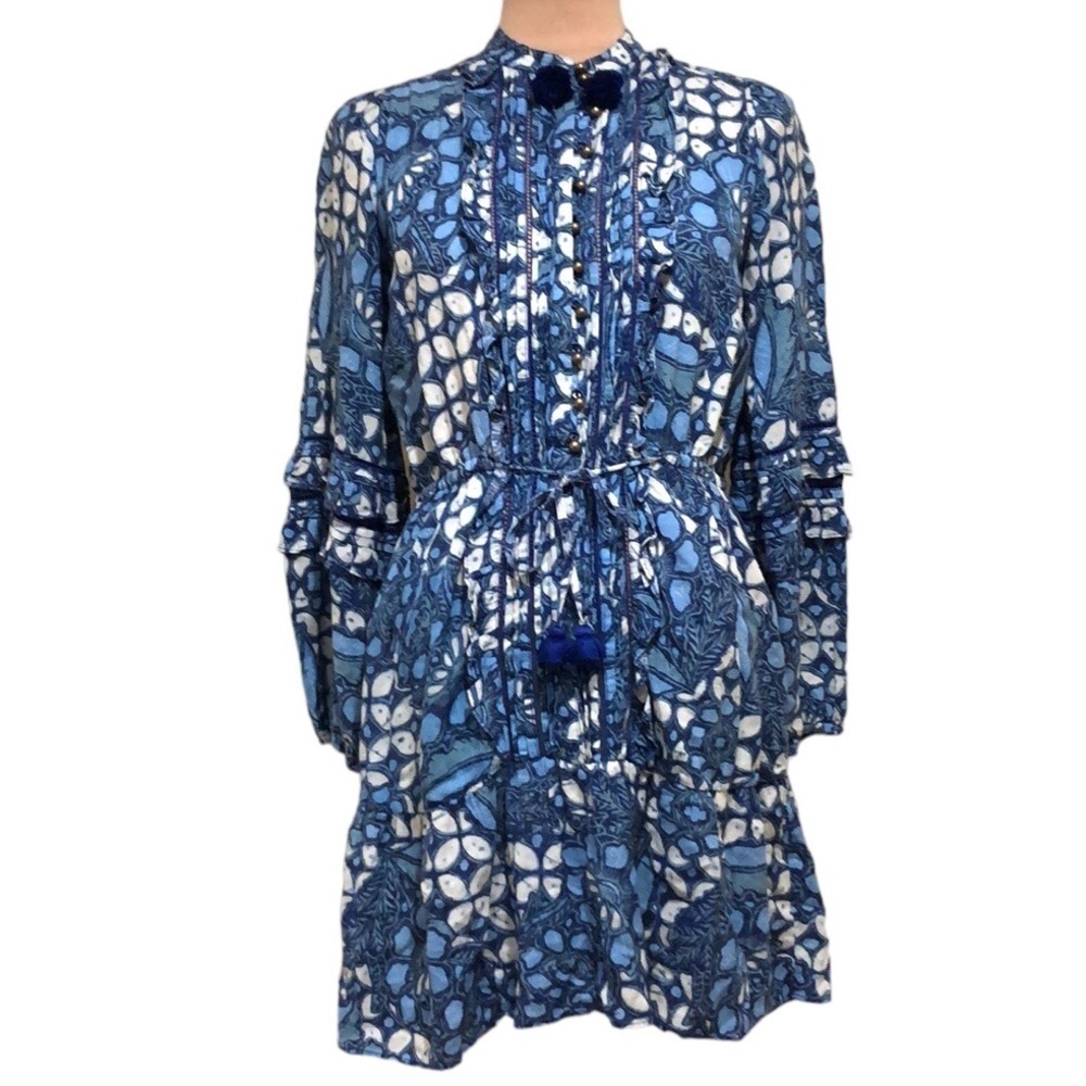 Figue Zellie Dress Size XS Blue Cotton Puff Lantern Sleeve